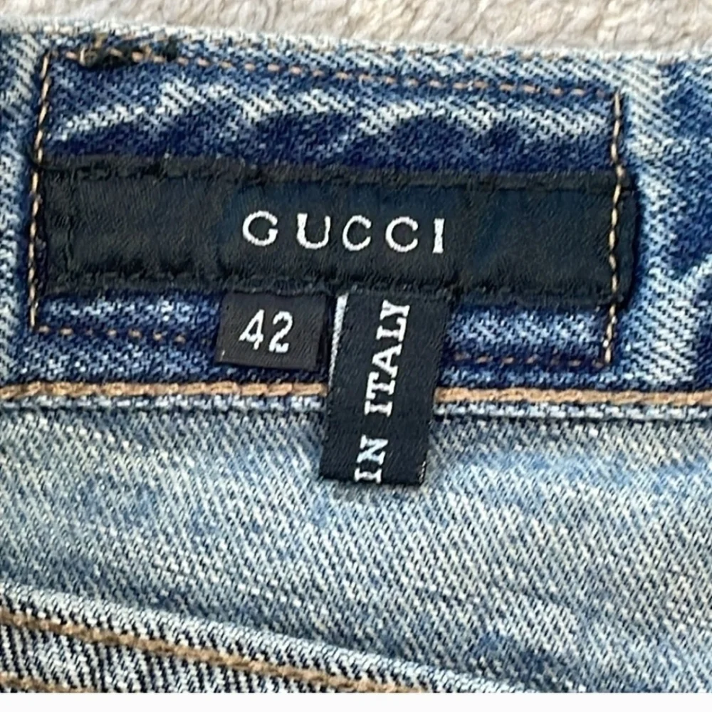 Gucci Mid Rise Tapered Straight Leg Jeans Concealed Button Fly Casual Blue